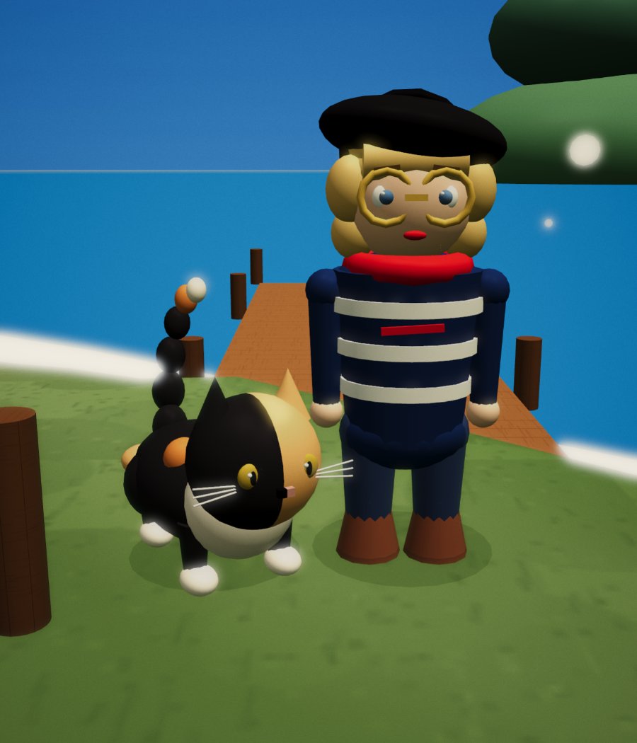 Sophie in her beret, glasses and breton top, with Pudding the calico cat beside her by the harbour