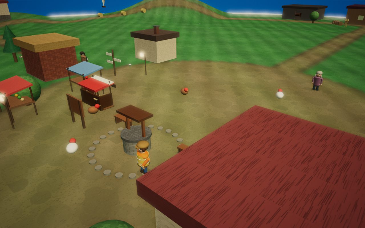 The village square with market stalls, a wishing well and islanders