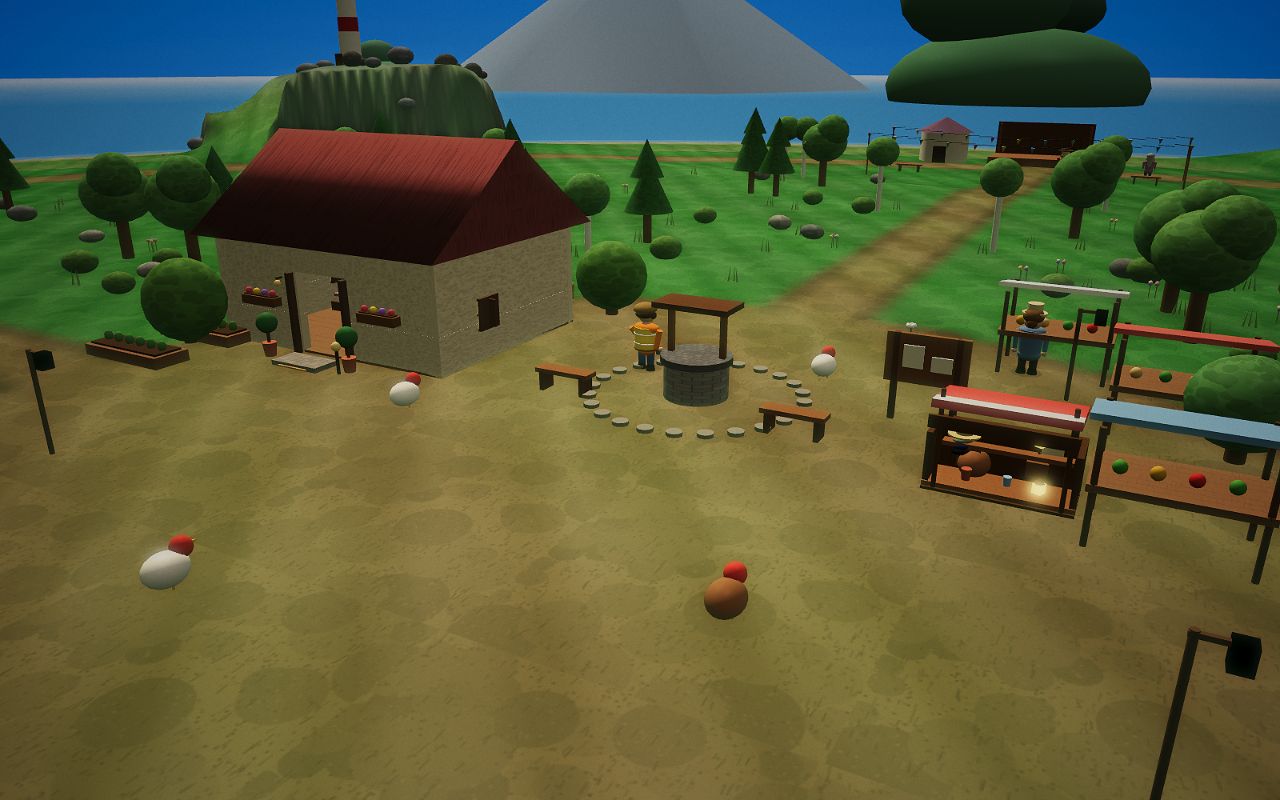 The village square with market stalls, a wishing well and islanders